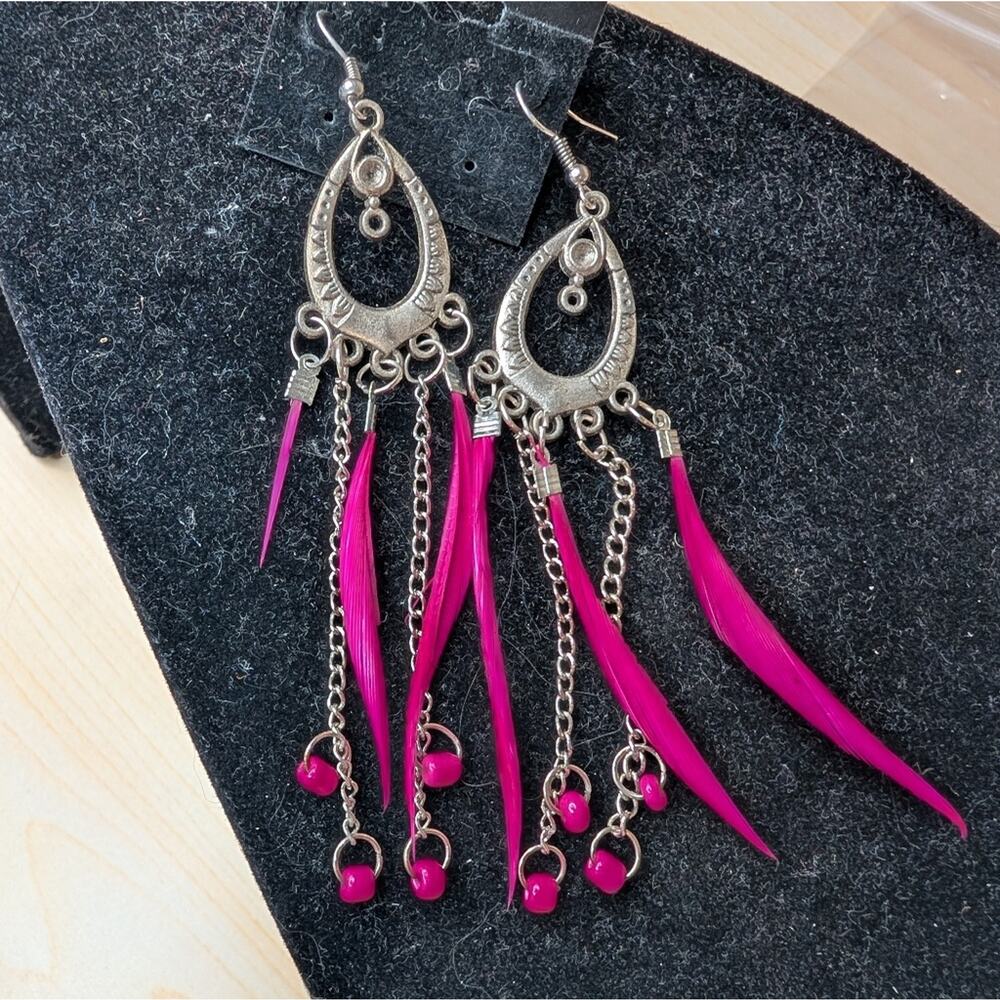 Boho Pink Feather Dangle Earrings | Silver Tone Chains & Beads